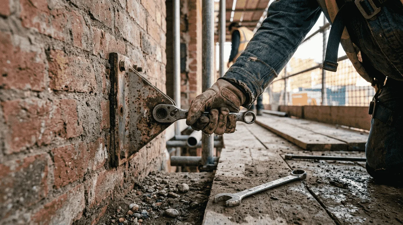 An employee tightens the scaffolding anchor to the wall, ensuring the safety of the structure.