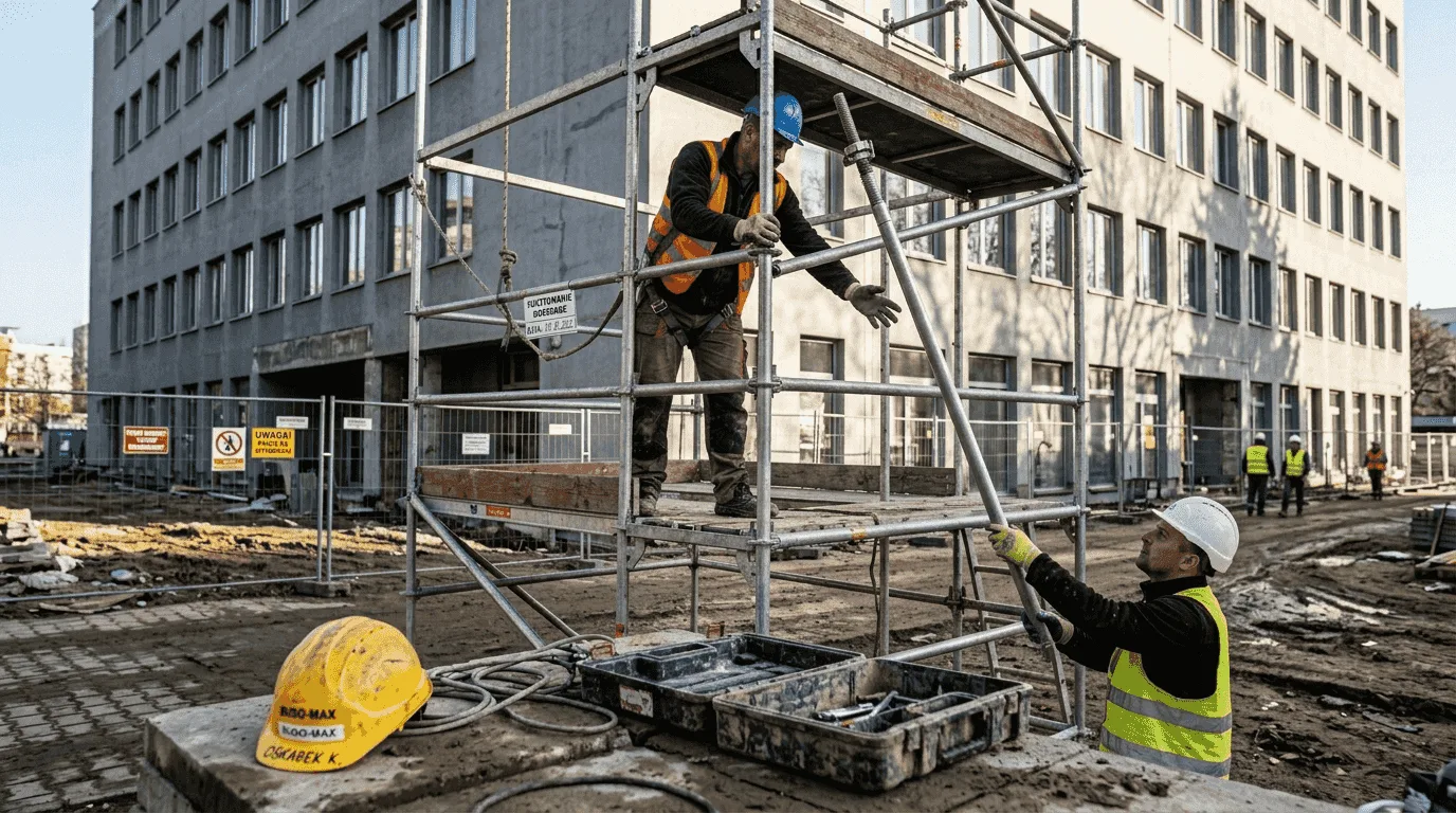 Workers efficiently and dynamically assemble the scaffolding structure at the construction site.